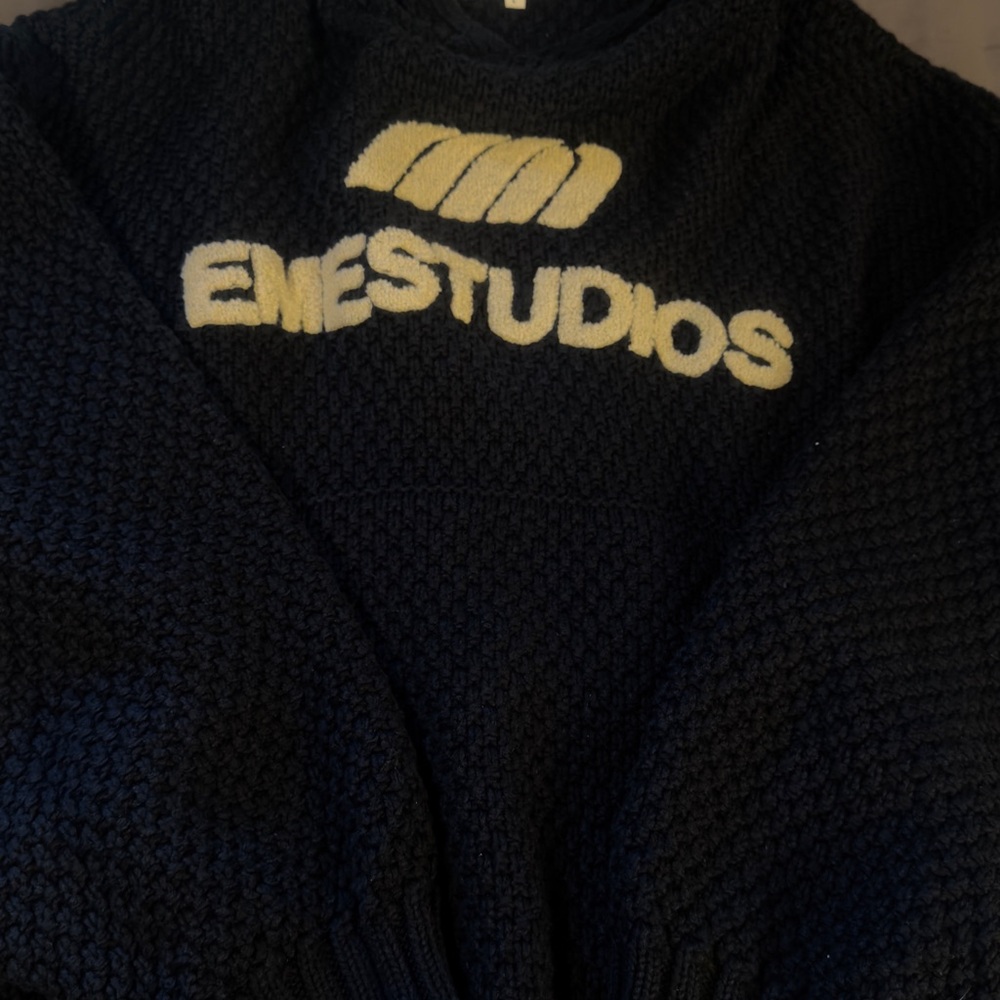 Eme Studios Navy Knit Hoodie Sweater With Cream Logo